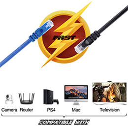 A blue and a black Ethernet cable are listed before a fast lightning bolt and below is all compatible components including camera, router, PS4, Mac, and television.